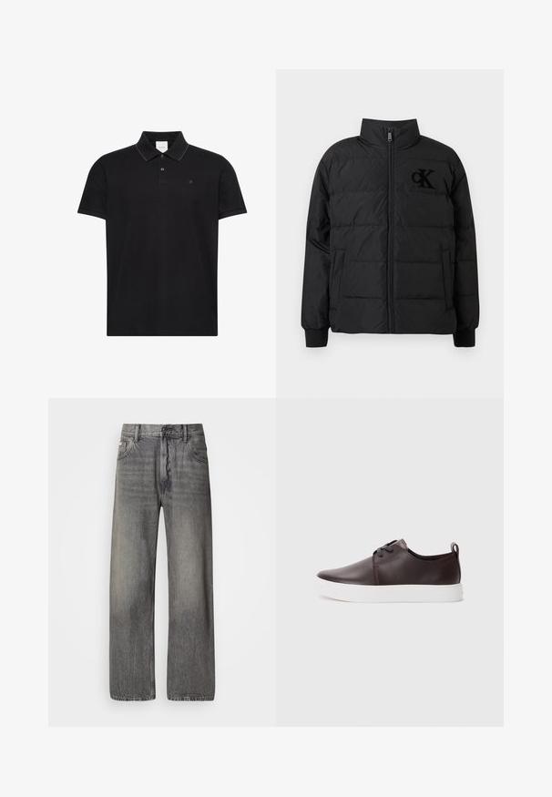 Chaqueta acolchada negra con cuello alto, cierre de cremallera y puños elásticos. Presenta un logo negro prominente en el pecho.; Camiseta tipo polo negra de manga corta con cuello, dos botones, sutil ribete en contraste en los bordes del cuello y pequeño logo "ck" en el pecho.; Jeans de pierna ancha en denim gris oscuro con acabado descolorido. Cuenta con el diseño clásico de cinco bolsillos y trabillas para cinturón.; Zapatillas de cuero marrón con un acabado suave, suela de goma blanca, punta redondeada y diseño con cordones. Incluye una pestaña en el talón.