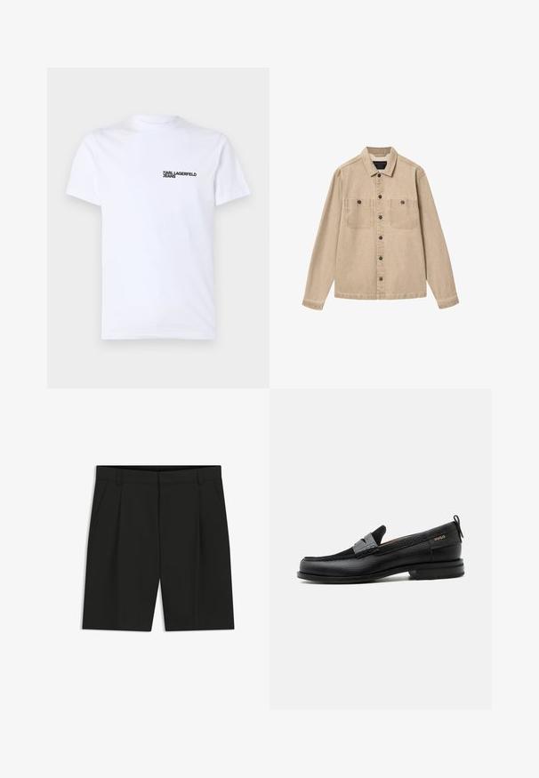 Beige denim overhemd met knopen, lange mouwen, twee voorzakken met kleppen en knopen, en een kraag.; Witte katoenen t-shirt met korte mouwen, een ronde halslijn en een zwart "KARL LAGERFELD JEANS" logo op de linkerkant van de borst.; Zwarte, op maat gemaakte knielange shorts met riemlussen, zijzakken en een voorplooidetail op een witte achtergrond.; Zwarte leren loafer met grijs riemdetailelement, lage hak en gestructureerde zool, aan de zijkant gebrandmerkt met "HUGO" in goud.