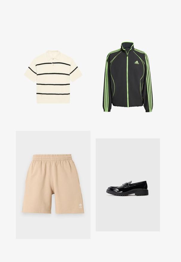 Zwarte sportjack met groene accenten, uitgerust met een hoge kraag, een ritssluiting aan de voorkant en drie verticale strepen op elke mouw.; Korte mouwen polo shirt, wafelstructuur, crème kleur met zwarte horizontale strepen, drie-knopen sluiting, ribbelkraag en -zoom.; Beige shorts met elastische tailleband, zijzakken en een klein wit Adidas-logo op het linkerbeen, afgebeeld tegen een effen achtergrond.; Zwarte gepatineerde leren instappers met een ronde neus, decoratieve band en een chunky rubberen zool met diepe groeven voor extra grip.