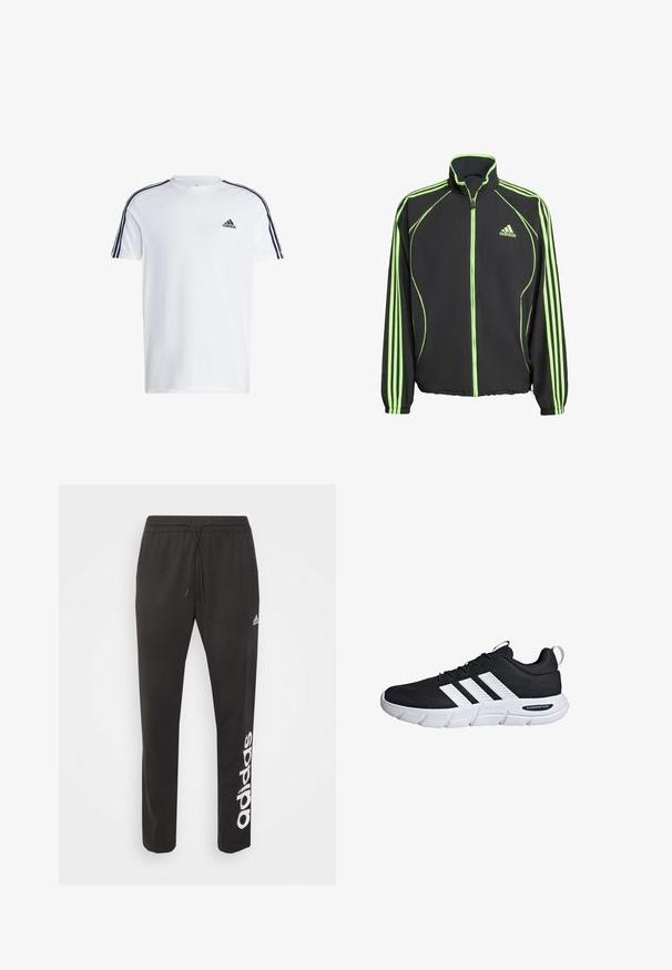 Chaqueta atlética negra con acentos verdes, con cuello alto, cremallera frontal y tres rayas verticales en cada manga.; Camiseta blanca de manga corta hecha de algodón con el logo negro de adidas en el pecho y tres franjas negras a lo largo de los hombros.; Pantalones atléticos negros de mezcla de algodón, con una cinturilla elástica con cordón y el logo blanco de "adidas" impreso en la pierna izquierda.; Zapatillas deportivas negras hechas de material de malla, con acentos blancos y tres rayas en el lateral, con una suela flexible etiquetada como "CLOUDFOAM FLEX".