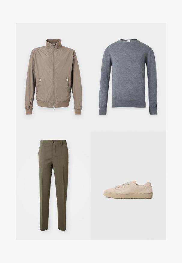Chaqueta marrón claro con cremallera, cuello alto, dos bolsillos frontales con cremallera, puños y dobladillo acanalados sobre un fondo liso.; Suéter gris liso de manga larga con cuello redondo, puños y dobladillo acanalados, presentado sobre un fondo blanco.; Pantalones ajustados color verde oliva con una textura suave, diseño de pierna recta, un botón frontal y bolsillos laterales para mayor funcionalidad.; Zapatilla de ante beige con punta redondeada, cordones planos y suela de goma texturizada. Diseño minimalista con bordes suaves y costuras sutiles.