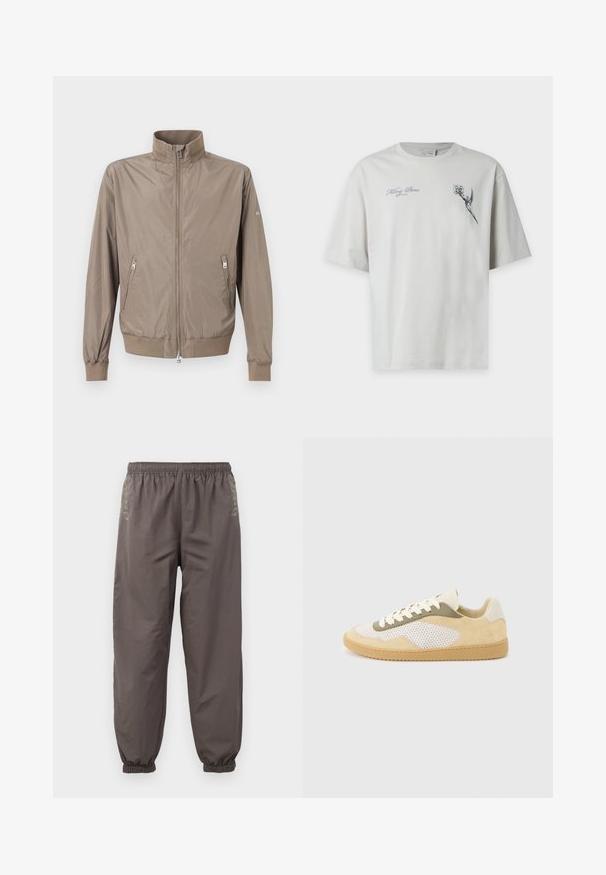 Veste marron clair à fermeture éclair avec col montant, deux poches avant zippées, poignets et ourlet côtelés, sur fond uni.; T-shirt blanc à manches courtes avec une petite illustration d'oiseau sur le haut droit de la poitrine et un texte en italique "Falling Pieces" sur la poitrine gauche.; Pantalons gris foncé à taille élastique avec une coupe décontractée. Présentent des poignets froncés et une broderie subtile sur les côtés. Tissu léger.; Baskets basses en daim beige, panneaux en maille blanche, accents olive, lacets blancs et semelle en caoutchouc naturel sur fond gris clair.