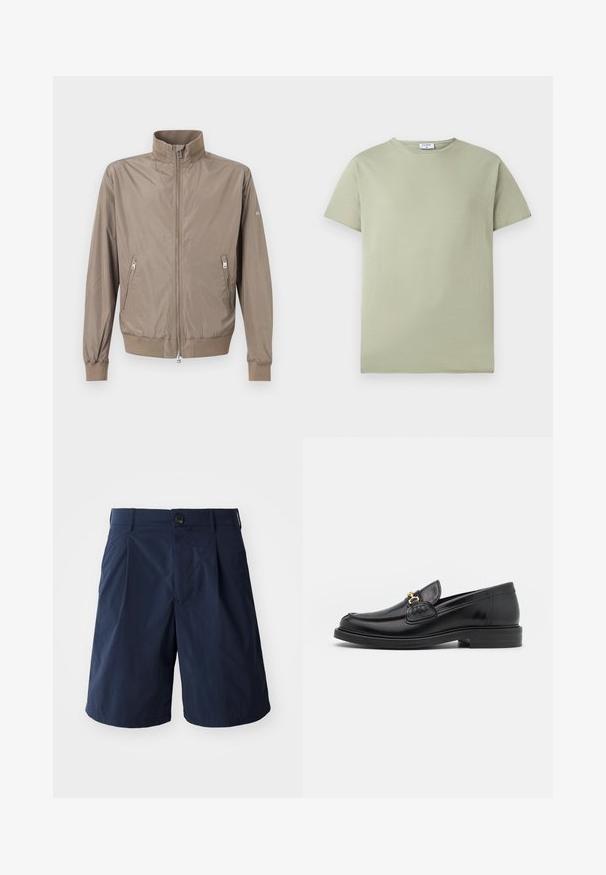 Veste marron clair à fermeture éclair avec col montant, deux poches avant zippées, poignets et ourlet côtelés, sur fond uni.; T-shirt vert clair à manches courtes avec col rond, avec une petite étiquette blanche à l'intérieur du col, sur un fond blanc uni.; Shorts bleu marine en tissu léger, avec une fermeture à bouton, des poches sur les côtés et un design simple avec des plis à l'avant.; Mocassins en cuir noir avec un embout rond, présentant des accents en métal doré et des détails de couture, montés sur une semelle en caoutchouc texturé et basse.