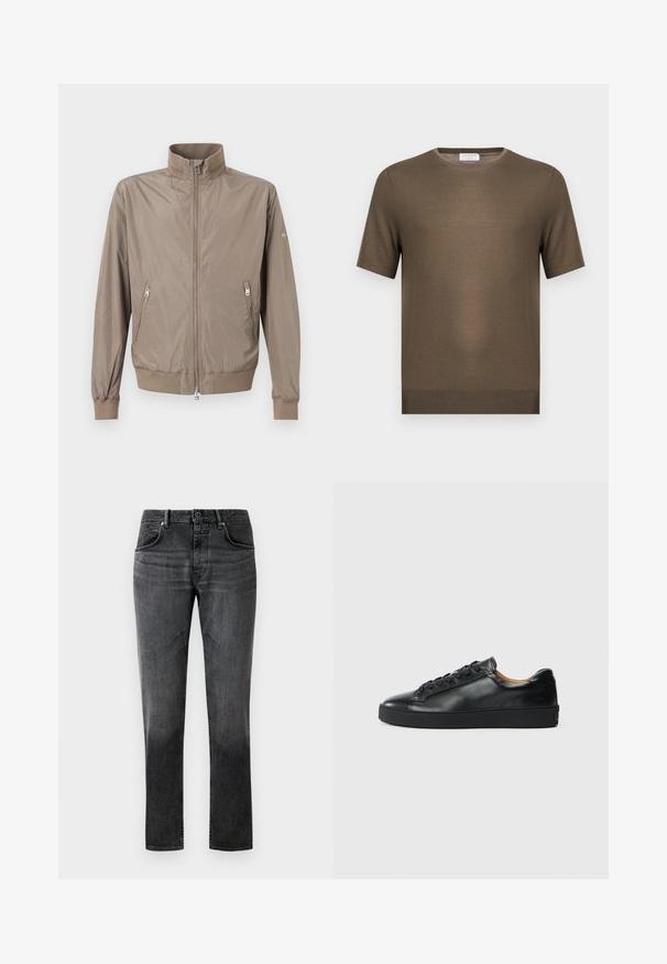 Veste marron clair à fermeture éclair avec col montant, deux poches avant zippées, poignets et ourlet côtelés, sur fond uni.; Pull en maille vert olive à manches courtes avec encolure ronde et ourlet côtelé, présenté sur fond blanc uni.; Jean en denim noir à coupe droite, design à cinq poches et décoloration subtile. Équipé d'une fermeture à bouton et de passants de ceinture. Texture lisse.; Baskets en cuir noir avec une texture lisse, bout rond et fermeture à lacets. Comprend une semelle en caoutchouc épaisse et un minimum de détails de marque.