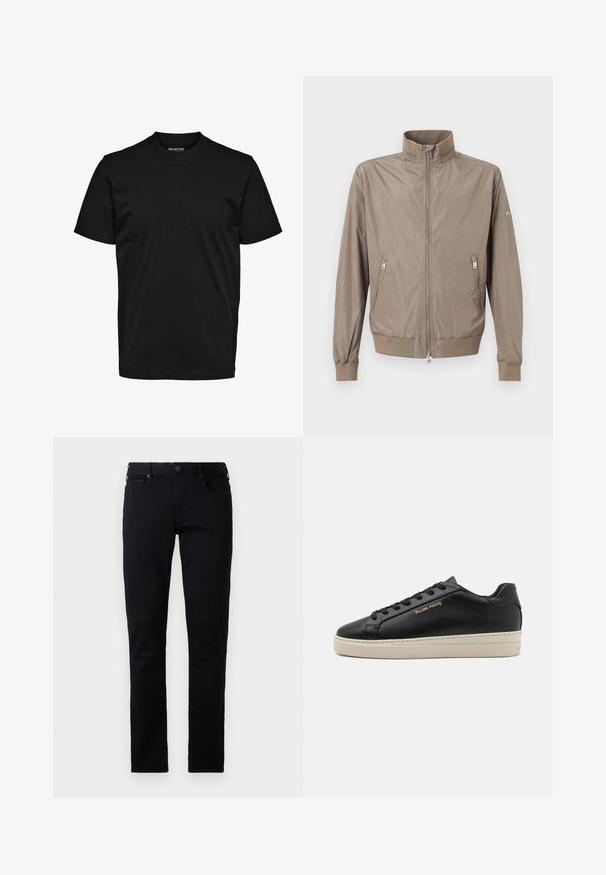 Lichtbruine jas met ritssluiting, opstaande kraag, twee ritssluitbare voorzakken, geribbelde manchetten en zoom, afgebeeld tegen een effen achtergrond.; Eenvoudig zwart T-shirt met korte mouwen, ronde hals en een normaal model zonder zichtbare patronen of logo's.; Emporio Armani POCKETS PANT - Slim fit jeans - black denim; Zwarte leren sneaker met een gladde afwerking, contrasterende crèmekleurige zool, ronde neus, gouden logo aan de zijkant en zes gaatjes voor veters.