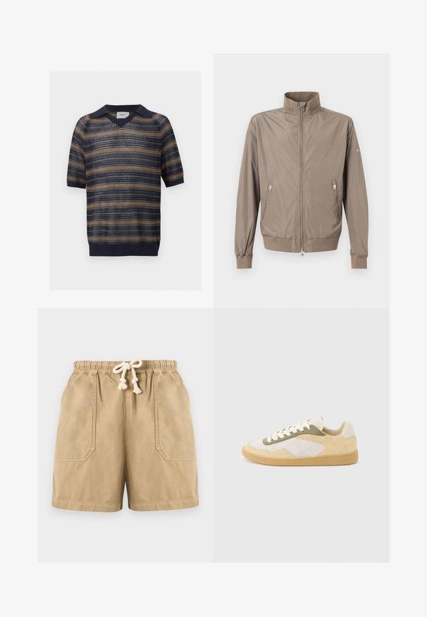 Veste marron clair à fermeture éclair avec col montant, deux poches avant zippées, poignets et ourlet côtelés, sur fond uni.; Polo en maille à manches courtes avec des rayures horizontales bleu marine et beige, bord côte à l'ourlet et aux poignets, avec un motif ajouré ressemblant à une maille filet.; Short beige en coton avec taille élastique et cordon blanc, avec deux poches plaquées devant et un ourlet droit.; Baskets basses en daim beige, panneaux en maille blanche, accents olive, lacets blancs et semelle en caoutchouc naturel sur fond gris clair.