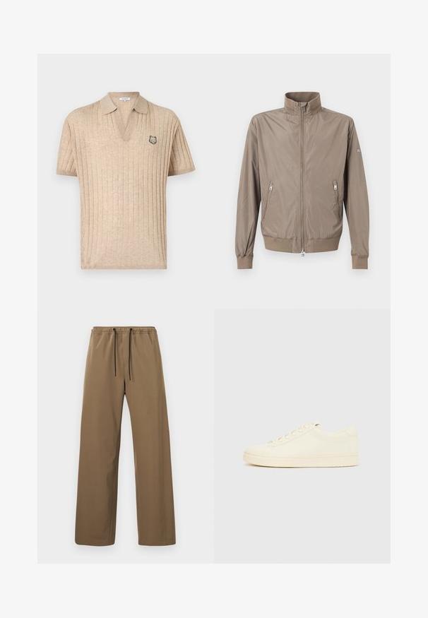 Veste marron clair à fermeture éclair avec col montant, deux poches avant zippées, poignets et ourlet côtelés, sur fond uni.; Polo beige en maille côtelée à manches courtes avec col ouvert et petite tête de loup brodée sur la poitrine gauche.; Pantalon marron à coupe droite avec taille élastique et cordons noirs, présenté sur un fond clair uni.; Baskets couleur crème avec une tige en cuir lisse, bout arrondi, laçage à l'avant et semelle en caoutchouc texturée. Design minimaliste, sans logo.