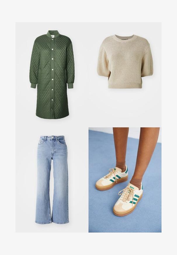 Quilted grøn frakke med trykknaplukning fortil, ribbede manchetter og sidelommer; har diamantmønster og knælangt design.; Beige strikket kortærmet sweater med rund hals. Har en struktureret pasform med tekstureret, løst væv og ribbede kanter.; Lysblå højtaljede brede jeans med for- og baglommer, knaplukning og subtil falming på lårene og kantene.; Beige sneakers med mørkegrønne striber, gummisål, overdel i ruskind og tekstil samt neutralt hardware, parret med brune sokker på en lyseblå overflade.