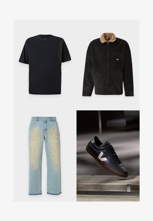 Veste en velours côtelé noire avec col en polaire beige, fermeture éclair avant, poche poitrine avec écusson logo et deux poches latérales.; T-shirt noir à manches courtes en tissu lisse, avec un design asymétrique et un petit logo sur la poitrine.; Jean bleu clair coupe droite avec des patchs beige délavés et usés sur les cuisses, les poches avant, les passants de ceinture et la fermeture par bouton.; Baskets en cuir noir avec logo V blanc, avant lacé, détails perforés et semelle en caoutchouc brun; design épuré avec peu d'accents.