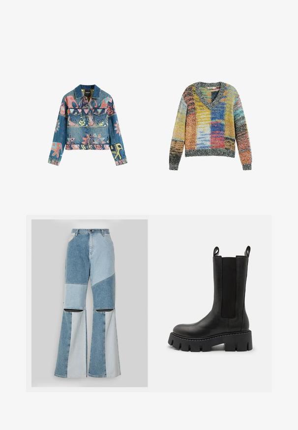 Denim jakk mitmevärviliste abstraktsete ja lillemotiividega, ees nööpidega ning kahekordsete rinnataskutega, suurus keskmine, Desigual.; Värviline kootud V-kaelusega ja pikkade varrukatega sviiter, millel on kollastest, sinistest, punastest ja hallidest toonidest valmistatud lapiteki muster.; DL1961 ZOIE WIDE VINTAGE - Alt laienevad teksad - light-blue denim; Mustad nahast pahkluu saapad elastsete külgpaneelidega, tõmblukkude ja paksu reljeefse tallaga, ning tugevdatud õmblustega. Pind on sile.