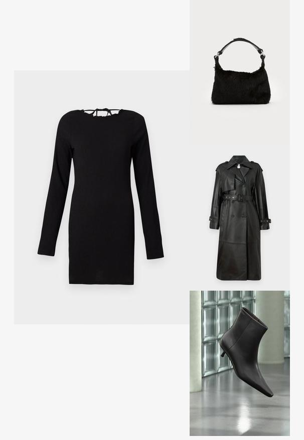 Schwarzer Leder-Trenchcoat mit tailliertem Gürtel, doppelter Knopfleiste, scharfem Kragen und gestanzten Details an den Ärmeln.; Schwarzes langärmliges Kleid aus strukturiertem Stoff, figurbetonte Passform und eine Bindeschließe am Hals. Einfaches und vielseitiges Design.; Schwarzer Leder-Knöchelstiefel mit spitzer Spitze und kleinem Absatz vor einer Wand aus Glasbausteinen und einem polierten Boden.; Schwarze Kunstfell-Handtasche mit weicher Textur, runder Form und einem stabilen schwarzen Leder-Schulterriemen. Sichtbare silberne Hardware-Akzente.