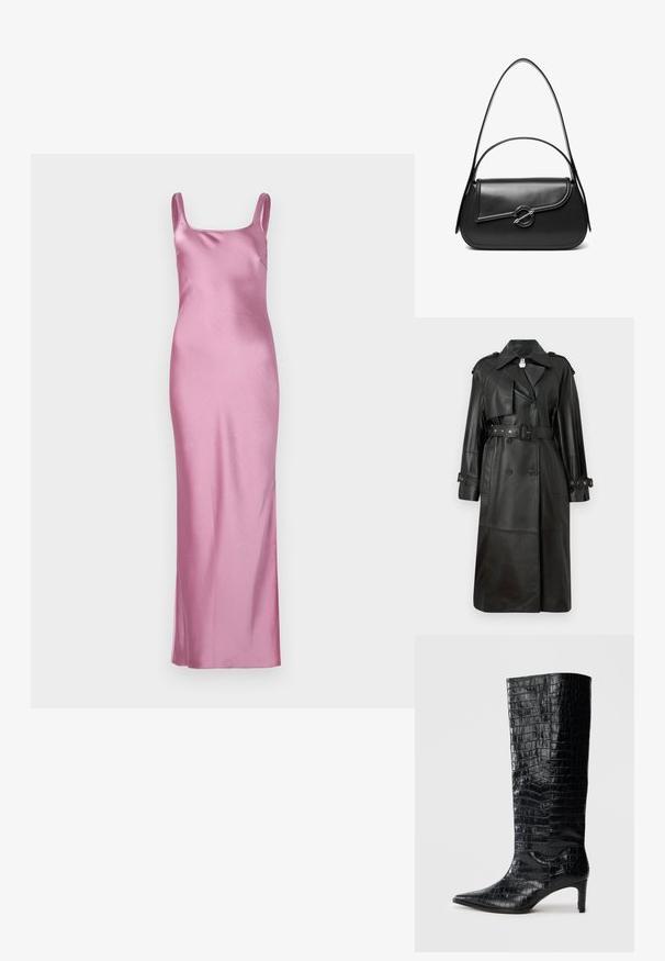 Schwarzer Leder-Trenchcoat mit tailliertem Gürtel, doppelter Knopfleiste, scharfem Kragen und gestanzten Details an den Ärmeln.; Rosa satinierter Slipdress mit quadratischem Ausschnitt, schmalen Spaghettiträgern, bodenlangem Design, glatter Textur und minimaler Ausstattung.; Schwarze kniehohe Stiefel mit glänzender, krokodilgeprägter Textur, spitzer Zehenpartie und schmalem Absatz. Glattes synthetisches Material.; Schwarze Lederschultertasche mit einer geschwungenen Klappe, die durch einen runden Metallverschluss gesichert ist, und einem schlanken, verstellbaren Riemen.