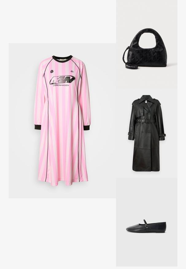 Abrigo de trench de cuero negro con cintura ceñida, botones de doble botonadura, cuello afilado y detalles perforados en las mangas.; Vestido de manga larga en rosa claro con rayas verticales en rosa más oscuro y blanco, con un cuello redondo negro y puños negros. Logo visible en la parte delantera.; Bailarinas de cuero negro con punta afilada, suela plana y una pequeña correa con detalle de hebilla plateada.; Bolso de mano de piel negra con un asa curva en la parte superior, un sutil patrón de diamantes y una correa desmontable. La textura es suave con detalles en relieve.