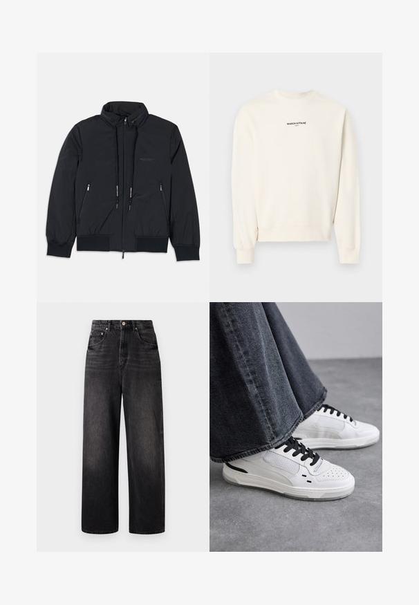 Zwarte geïsoleerde jas met een hoge nek, voorkant met rits, twee zijzakken met rits, elastische manchetten en een trekkoord aan de onderkant. Subtiele logodetails.; Off-white lange mouwen trui met ronde hals en de tekst "MAISON KITSUNÉ PARIS" in zwarte letters op de borst gedrukt.; Zwarte denim jeans met een losse pasvorm, hoge taille, vijf zakken en een opvallende knoopsluiting. Heeft subtiele vervaging en een recht gesneden ontwerp.; Witte sneakers met zwarte veters en mesh-details. Beschikt over een gladde leren bovenkant en een gestructureerde rubberen zool. Gepaard met brede grijze jeans.