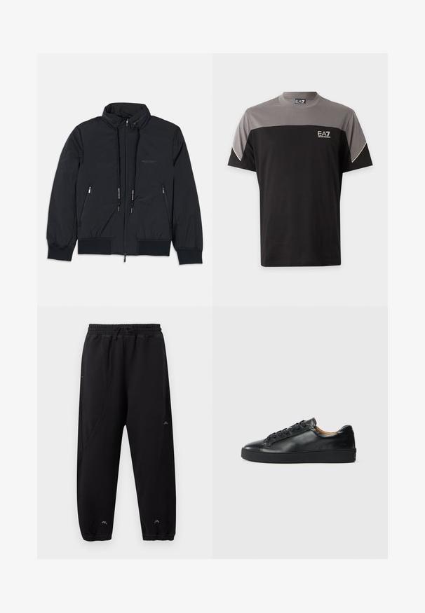 Veste isolée noire avec un col haut, fermeture éclair sur le devant, deux poches zippées sur les côtés, poignets élastiques et ourlet à cordon. Détails de logo subtils.; T-shirt manches courtes noir et gris EA7 Emporio Armani avec logo sur la poitrine et bord blanc aux manches.; Pantalon de jogging noir avec taille et poignets élastiques, coupe slim, détails de couture discrets et petit logo blanc près des chevilles et de la cuisse.; Baskets en cuir noir avec une texture lisse, bout rond et fermeture à lacets. Comprend une semelle en caoutchouc épaisse et un minimum de détails de marque.