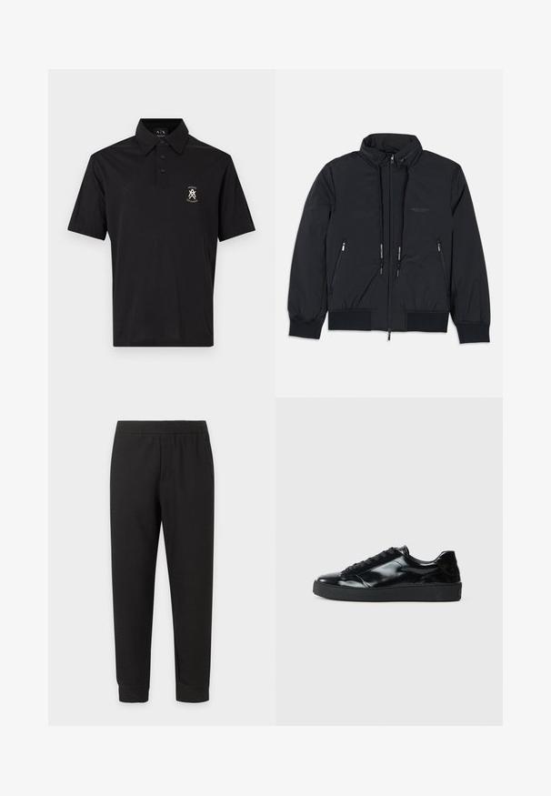 Veste isolée noire avec un col haut, fermeture éclair sur le devant, deux poches zippées sur les côtés, poignets élastiques et ourlet à cordon. Détails de logo subtils.; Polo noir à manches courtes avec trois boutons et petit logo blanc Armani Exchange sur la poitrine gauche.; Pantalon décontracté noir à taille élastique avec jambes effilées et ourlets revers sur fond blanc.; Baskets en cuir verni noir avec un bout arrondi, un laçage, une semelle en caoutchouc texturé et une finition lisse.