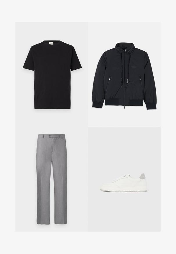 Veste isolée noire avec un col haut, fermeture éclair sur le devant, deux poches zippées sur les côtés, poignets élastiques et ourlet à cordon. Détails de logo subtils.; T-shirt en coton noir avec un col rond et des manches courtes. Présente une coupe droite et un design minimal, avec une étiquette visible au niveau du col.; Pantalons habillés gris sur mesure avec passants de ceinture, bouton frontal et braguette zippée, dotés d'une coupe droite.; Baskets basses blanches avec un onglet de talon gris, des lacets blancs et une semelle texturée, présentées sur un fond uni clair.