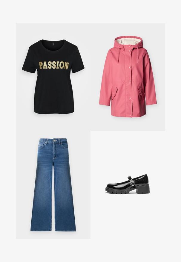 Chubasquero impermeable rosa con capucha, botones a presión delanteros, cordones ajustables y dos bolsillos con solapa sobre un fondo liso y claro.; Camiseta de algodón negra con mangas cortas, que presenta la palabra "PASSION" en glitter dorado. Cuello redondo, corte relajado.; Vaqueros azules de pierna ancha con bolsillos delanteros y traseros, trabillas para cinturón y cierre de botón.; Zapato Mary Jane de charol negro con tacón grueso, puntera redondeada y una correa que presenta un detalle de hebilla en forma de corazón.