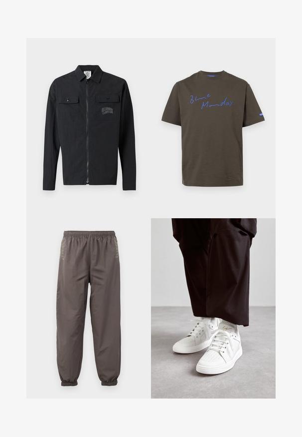 Zwart lichtgewicht jack met lange mouwen, twee borstzakken, ritssluiting en logodetail op de linker zak. Gladde textuur.; Olijfgroene katoenen t-shirt met korte mouwen, voorzien van blauwe handgeschreven tekst "Blue Monday" over de voorkant. Eenvoudig ontwerp met ronde hals.; Donkergrijze, elastische broek met een relaxte pasvorm. Voorzien van gathered boorden en subtiele borduursels aan de zijkanten. Lichtgewicht stof.; Witte hoge sneakers van soepel leer hebben een geperforeerde neus, platte witte veters en een subtiele gouden accenten op de hak.
