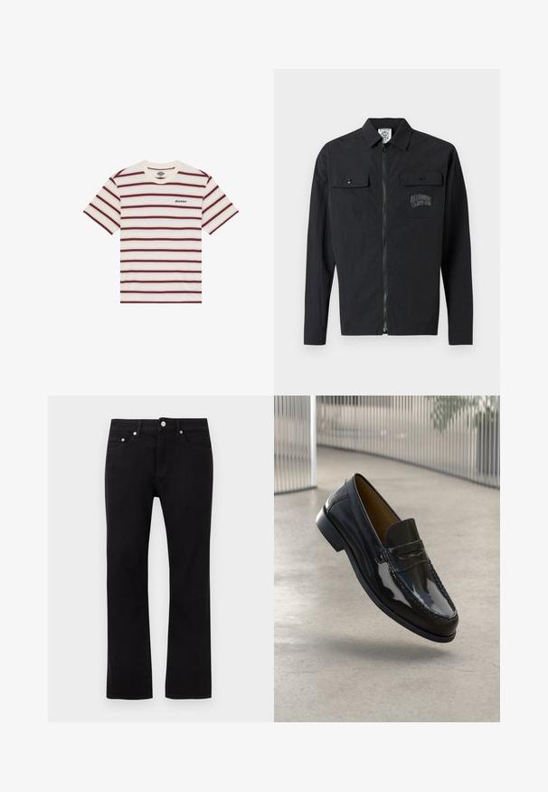 Sort letvægtsjakke med lange ærmer, to brystlommer, lynlås og logodetalje på venstre lomme. Glat tekstur.; Kortærmet T-shirt med vandrette maroon- og cremefarvede striber, med "Dickies" logo broderet på venstre bryst.; Sorte jeans med lige ben, forreste knap, lynlås, bæltestropper og fem-lommer stil på en ensartet lys baggrund.; Sorte patentlæder loafer med en syet detalje, rund tå, lav hæl og glat overflade, præsenteret mod en neutral baggrund.