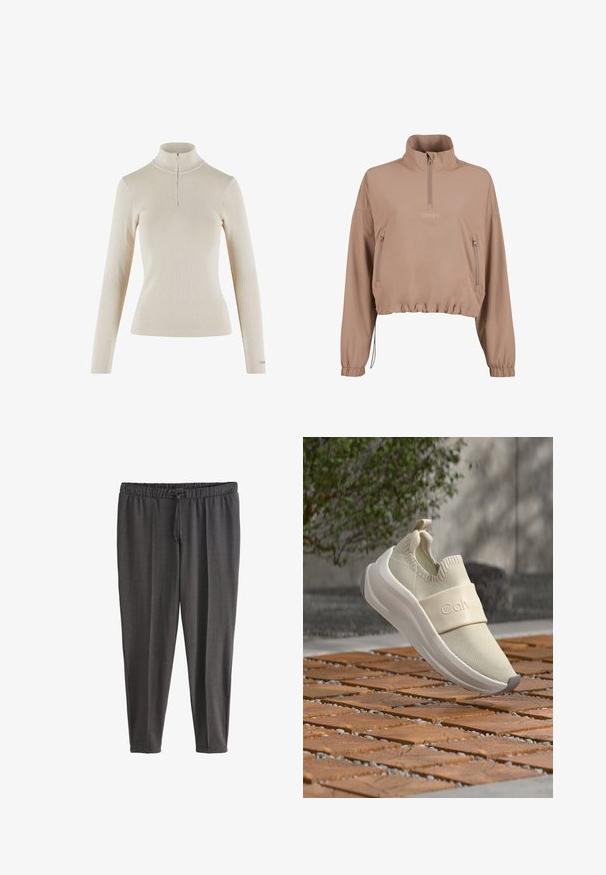 Chaqueta de pullover beige con un collar alto, frente con cremallera y dos bolsillos laterales. Cuenta con puños elásticos y un dobladillo ajustado para un look entallado.; Top de cuello alto de mangas largas en color beige claro, fabricado en tejido acanalado, con cierre de cremallera de un cuarto en el cuello y diseño ajustado.; Pantalones casuales de color gris oscuro con cintura elástica y cordón, piernas ajustadas, hechos de tela suave.; Zapatilla deportiva beige sin cordones con una tira elástica en la parte superior, en el aire sobre un pavimento de ladrillos marrón con un arbusto verde y una pared gris en el fondo.