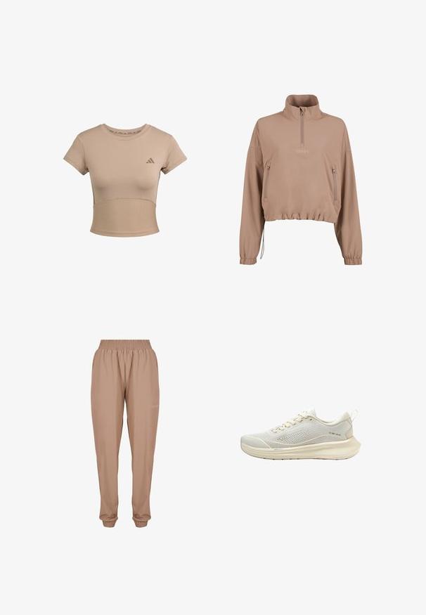 Beige pulloverjakke med høj krave, lynlås foran og to sidelommer. Har elastiske cuffe og en indsnævret kant for et tætsiddende look.; Beige sports cropped t-shirt med korte ærmer, ribbet nederste del og subtilt logo på brystet. Glat tekstur, tætsiddende design.; Beige joggebukser med elastisk talje, ankellemmer og et blødt, let stof med en diskret logo detalje på siden.; Lysebeige åndbar mesh-sneaker med polstret sål, snørelukning foran og en trækflap på hælen, vist fra siden.