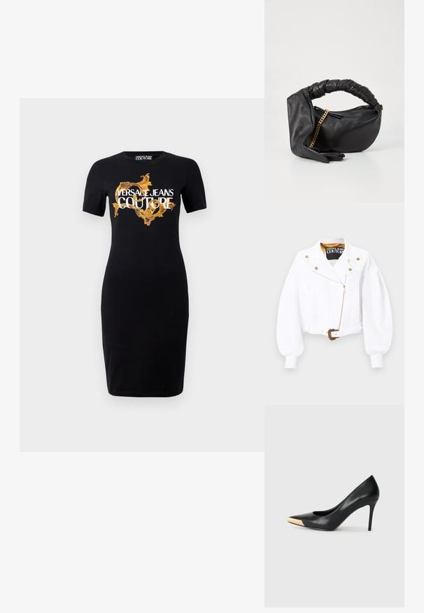 Hvid cropped jakke med puffede ærmer, guldfarvet lynlås og knapper, talje med bælte og udsmykket guldspænde, Versace Jeans Couture-mærke indeni kraven.; Sort tætsiddende kjole med korte ærmer, som har et guld- og hvidt "VERSACE JEANS COUTURE" logo samt detaljerede guldmønstre på forsiden.; Sort læder stiletter med spids tå; har et metalisk guldakcent på tåkapperne. Glat overflade med et strømlinet design.; Sort læderhåndtaske med et snoet håndtag, guld kædeaccent og en rund form. Har en glat overflade og lynlås lukning.
