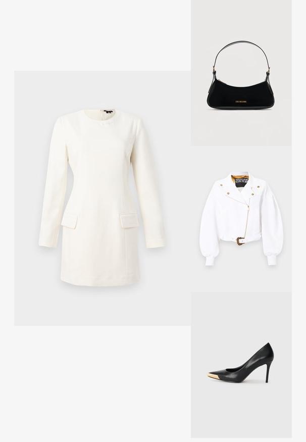 Witte cropped jas met pofmouwen, gouden ritssluiting en knopen, taille met ceintuur en sierlijke gouden gesp, Versace Jeans Couture-label aan de binnenkant van de kraag.; Witte lange mouw jurk met een ronde halslijn, aansluitende pasvorm, twee voorke pockets en een subtiele reliëflogo bij de hals. Gladde stofstructuur.; Zwarte leren hoge hak pump met een spitse neus; heeft een metallic gouden accent op de neuskap. Glad oppervlak met een stijlvolle vormgeving.; Zwarte schoudertas van lakleer met een gebogen vorm, gouden "LOVE MOSCHINO"-logo aan de voorkant en verstelbare band met gouden accessoires.