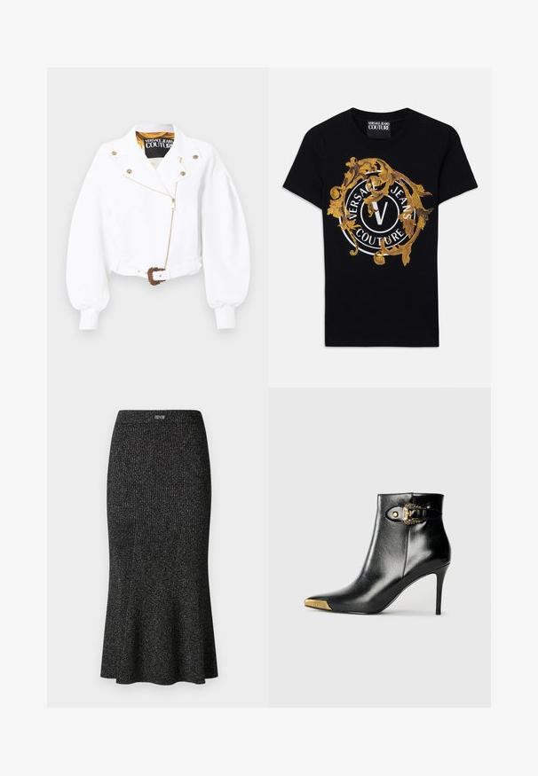 Valge lühike jakk paksude varrukatega, kuldse luku ja nuppudega, vöökohal vööga, millel on kaunis kuldne pandel, Versace Jeans Couture silt krae siseküljel.; Must silmade varrukatega Versace Jeans Couture T-särk, millel on kuldne barokkdisain ja valge ringikujuline logo keskosas.; Musthave ribaldis midi seelik venivast kangast, hiljem laienev, peene sära ja elastne vöökoht, mille ülaosas on logo aktsent.; Mustast läikivast nahast pahkluu saabas, millel on terav nina, kontsasstiletokonts ja kuldse tooniga riistvara koos dekoratiivse pandla detailiga.
