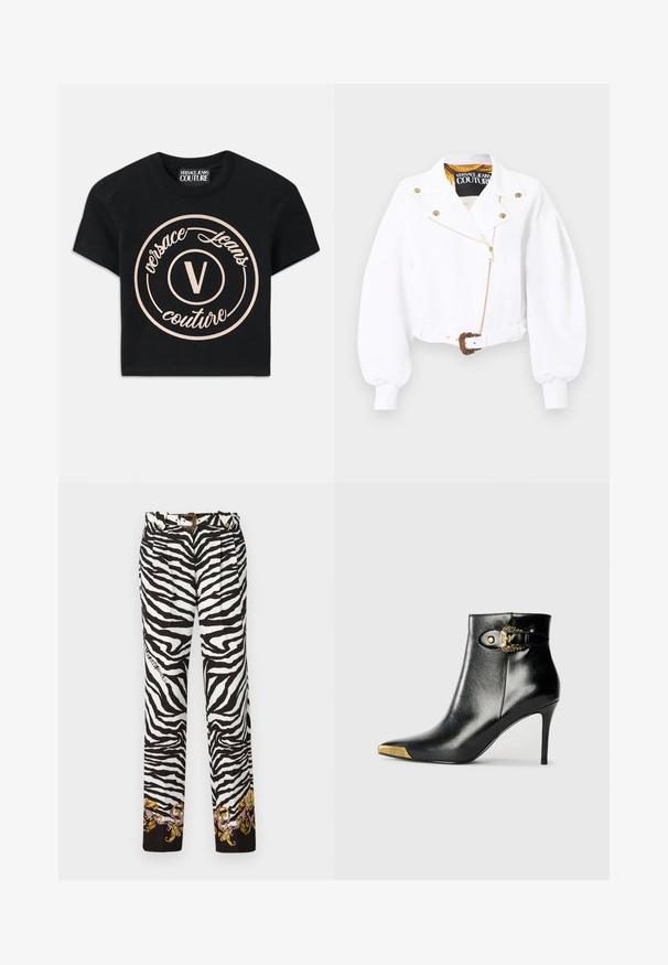 Valge lühike jakk paksude varrukatega, kuldse luku ja nuppudega, vöökohal vööga, millel on kaunis kuldne pandel, Versace Jeans Couture silt krae siseküljel.; Mustmust värvi puuvillane T-särk, millel on suur beež ümmargune logo, kus on kirjas "Versace Jeans Couture" ning keskel elegantses fondis "V". Lühikesed varrukad.; Mustri seelatud püksid musta ja valge zebra mustriga, mille nööbiga kaunistatud lilled asuvad ääres ning kuldse aktsendiga vöö.; Mustast läikivast nahast pahkluu saabas, millel on terav nina, kontsasstiletokonts ja kuldse tooniga riistvara koos dekoratiivse pandla detailiga.