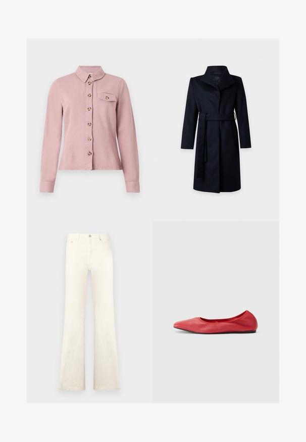 Manteau noir mi-long avec manches longues, un large col et une ceinture assortie nouée à la taille, présenté sur fond blanc.; Chemise rose clair à manches longues avec des boutons marron sur le devant, rabat de poche poitrine boutonné et petit col sur fond blanc.; Jean en denim blanc évasé avec taille haute, doté de poches avant et d'une fermeture à bouton, texture lisse et détails de couture soignés.; Filippa K REY FLATS - Ballerines - bright red