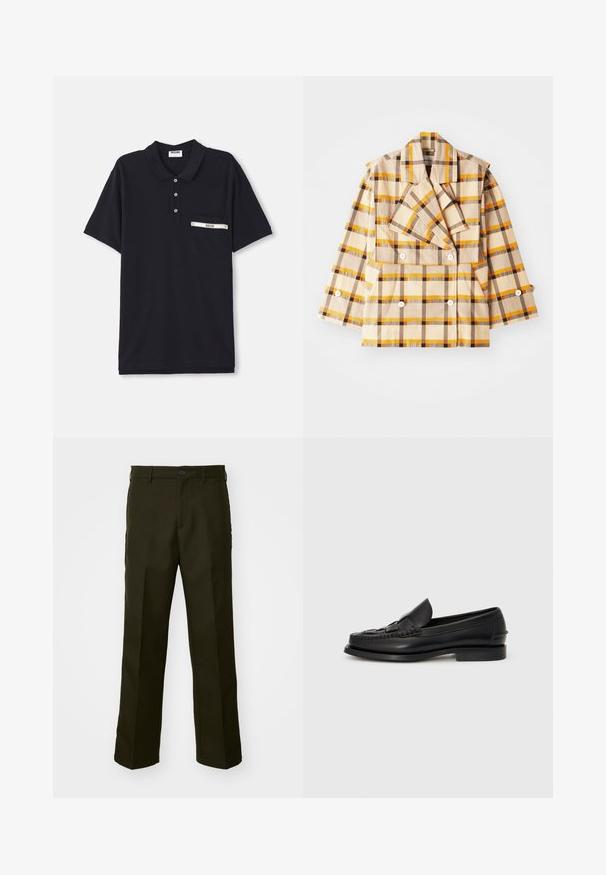 Henrik Vibskov HANDS DOWN JACKET - Letná bunda - yellow; Čierna polo košeľa vyrobená z bavlny s tri-buttonovou légou, krátkymi rukávmi a náprsníkom s strieborným akcentom a štítkom.; The Kooples PANTALON - Nohavice - kaki; Čierne kožené loafery s tkaným detailom pozdĺž prednej časti, s okrúhlou špičkou a nízkym podpätkom. Hladká textúra a minimalistický dizajn.