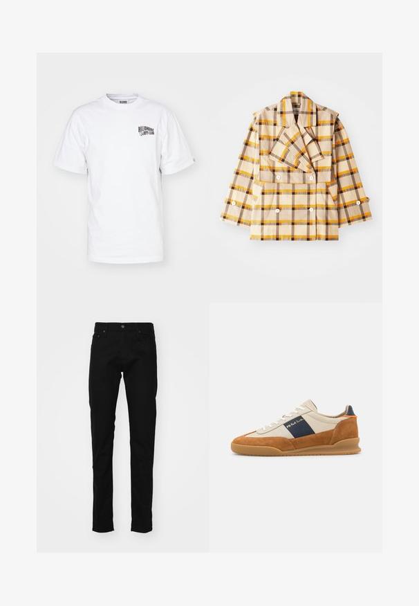 Henrik Vibskov HANDS DOWN JACKET - Leichte Jacke - yellow; Weißes T-Shirt aus Baumwolle mit rundem Ausschnitt, kurzen Ärmeln und kleinem schwarzem Logo auf der oberen linken Brust. Klassische Passform und glatte Textur.; Schwarze Denim-Jeans im Slim-Fit mit einem klassischen Fünf-Taschen-Design, Metallknopf und genähten Details an den Taschen.; PS Paul Smith DOVER - Sneaker low - cognac/off-white