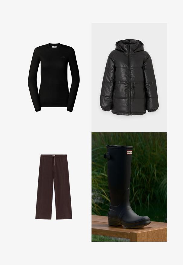 Sort polstret jakke med en blank overflade, frontlynlås, elastiske manchetter, snøre i taljen og en hætte for ekstra varme.; The North Face W EASY L/S CREW NECK - Langærmet T-shirt - tnf black; Bukser med vide ben i mørkebrunt stof med elastisk talje og snøre. Glat tekstur, minimal detaljer med sidesømme.; Sort gummistøvle til knæene med rundt tå, let hæl og en spænde rem. Har "HUNTER" logoet på forsiden.
