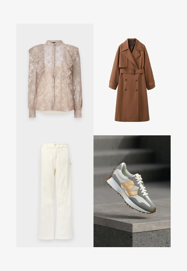 Long trench-coat marron à double boutonnage avec larges revers, taille ceinturée, manches retroussées et rabat sur l'épaule droite.; Blouse beige avec un motif à pois, épaules volantes et manches longues. Présente un devant à boutons et un tissu léger et transparent.; Good American GOOD 90S CARPENTER - Wide Leg - white denim; Baskets blanches et grises avec des accents beige et une semelle en gomme flottant au-dessus d'une marche en béton sur un fond gris flou.