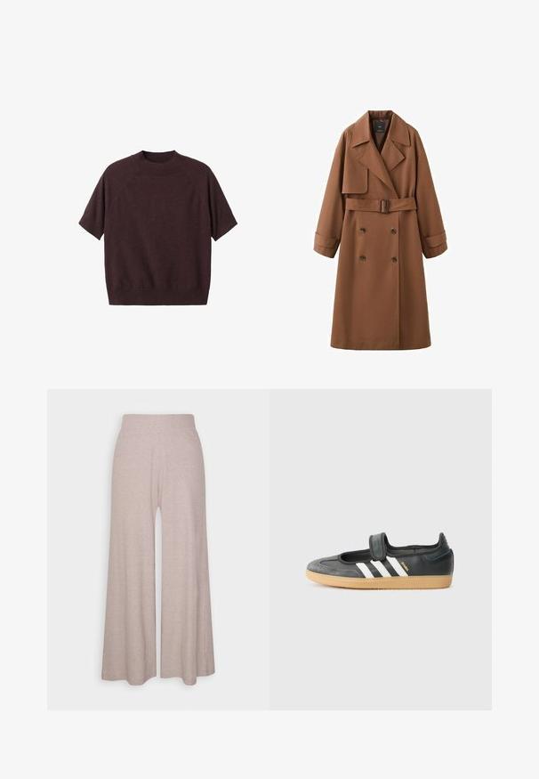 Lang brun dobbeltradet trenchcoat med brede reverser, taljebælte, manchetærmer og skulderklap på højre side.; Kortærmet sweater i mørk burgundy strik. Har en ribbet rund hals og en afslappet pasform, med raglanærmer og en glat tekstur.; Lys grå bredbenede bukser lavet af blødt ribbet stof, med høj talje og fuldlængde ben med subtil tekstur.; Sort læder- og ruskinds sneakers med en Velcro-rem, der har tre hvide striber og en gummisål, mærket "SAMBA" på siden.