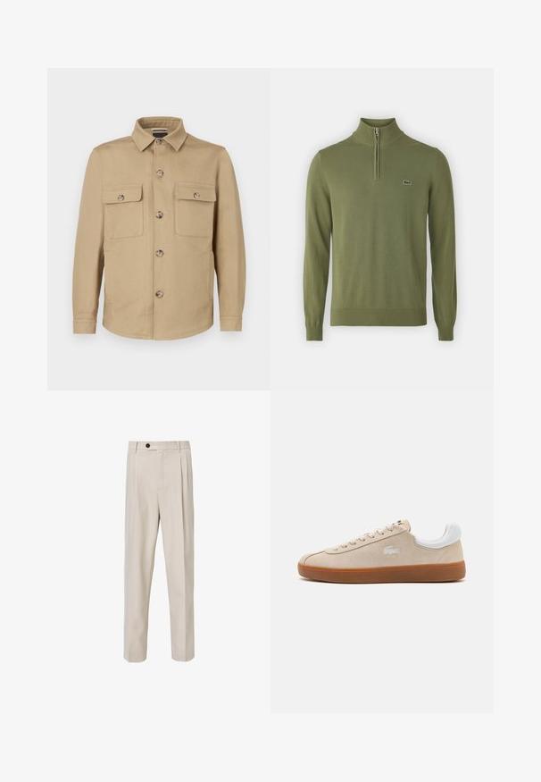 Chaqueta beige de tela suave que presenta un cierre frontal con botones, dos bolsillos en el pecho y un cuello con solapa. Textura lisa y ajuste entallado.; Suéter de color verde oliva hecho de una tela suave, con un cuello de cremallera de un cuarto, puños y dobladillo acanalados, y un pequeño logo en el pecho.; Pantalones beige tailorizados con un diseño de pierna recta, que presentan pliegues en la parte frontal, un cierre de botón y una textura de tela lisa.; Zapatilla de ante beige con detalles en cuero blanco, cierre de cordones plano, suela de goma y logo bordado. La vista lateral muestra un diseño aerodinámico.