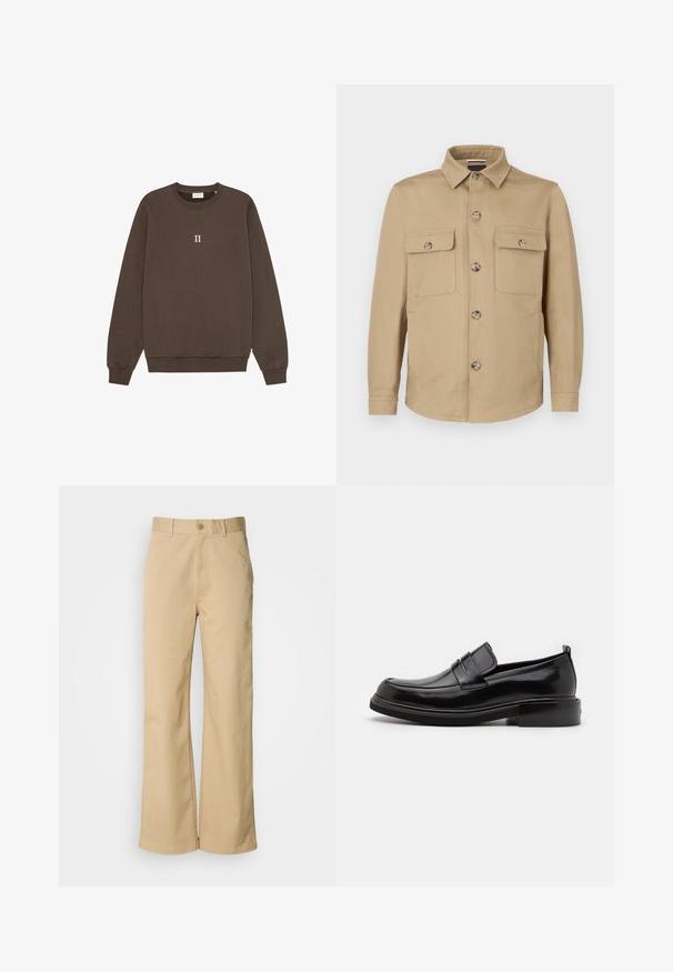 Beige jas gemaakt van zacht stof met een knoopsluiting aan de voorkant, twee borstzakken en een kraag. Gladde textuur en een getailleerde pasvorm.; Bruine sweatshirt van katoen, voorzien van een ronde hals, ribgebreide manchetten en een klein "II" logo gecentreerd op de borst. Zachte textuur.; Beige, wijde broek gemaakt van een katoenmix. Voorzien van een knoopsluiting en riemlussen. Soepele textuur, met minimale stikseldetails.; Calvin Klein MOCCASIN - Zakelijke loafers - black