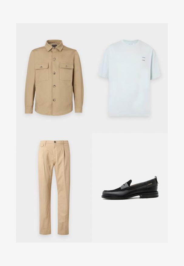 Veste beige en tissu doux avec fermeture boutonnée devant, deux poches poitrine et col. Texture lisse et coupe cintrée.; T-shirt bleu clair à manches courtes avec un col rond et deux logos "SAMSØE" imprimés sur la partie gauche de la poitrine. Confectionné en tissu doux.; Pantalons en coton beige à jambe droite pour homme, avec poches avant, passants de ceinture, fermeture à bouton et zip, sur fond blanc.; Mocassin en cuir noir avec détail de bride grise, talon bas et semelle texturée, marqué "HUGO" en or sur le côté.