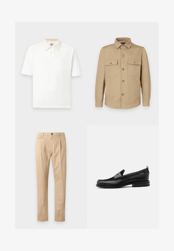 Beige Jacke aus weichem Stoff mit Knopfleiste vorne, zwei Brusttaschen und einem Kragen. Glatte Textur und maßgeschneiderte Passform.; Weißes Poloshirt mit kurzen Ärmeln, beigem Kragen, zwei Knöpfen, strukturierter Stoff und kleinem, auf der Brust gesticktem Logo.; Beige Baumwollhosen für Herren im Straight-Leg-Schnitt mit Fronttaschen, Gürtelschlaufen, Knopfverschluss und Reißverschluss auf einem weißen Hintergrund.; Schwarzer Lederloafer mit grauem Riemendetail, niedrigem Absatz und strukturierter Sohle, seitlich mit „HUGO“ in Gold gebrandmarkt.
