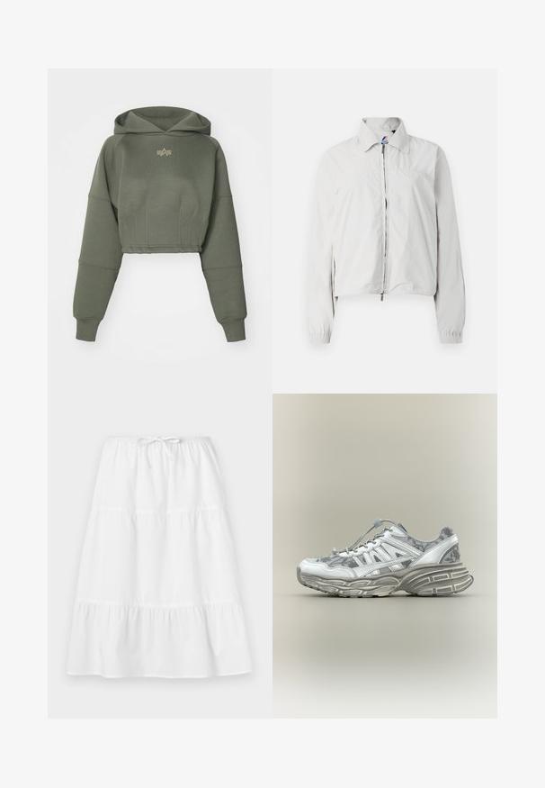 Hele halli bomber-suurus, millel on kraega kaelus, lukuga esiots, elastsed mansetid ja veidi lühem hem. Sile kangastekstuuri.; Alpha Industries WAISTED HOODY - Kapuutsiga pusa - dark olive; Valge puuvillane seelik, millel on kummitõmbega vöökoht, kihilised volangid ja voolav disain. Sile tekstuur, pahkluuni ulatuv.; Valge ja hall spordijalats lillemustriga, paksu tekstuuriga tallaga ning elastse nöörkinnitusega neutraalsel taustal.