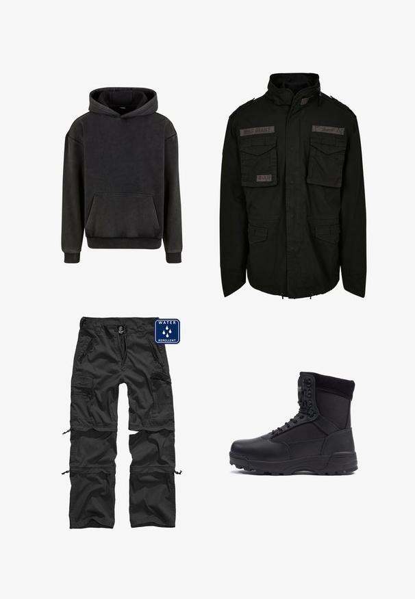Sort M65 militærjakke med to frontlommer med klap, skulderklaffer, høj krave og justerbar snor i kanten.; Urban Classics Hættetrøje - magnet; Sorte vandafvisende cargo bukser med lynlåslommer, justerbare manchetter og et holdbart materiale. Har et logo på taljen.; Sort taktisk støvle med en glat læderoverdel og stofpaneler, høj ankeldesign, snørebånd foran og slidstærk gummisål.