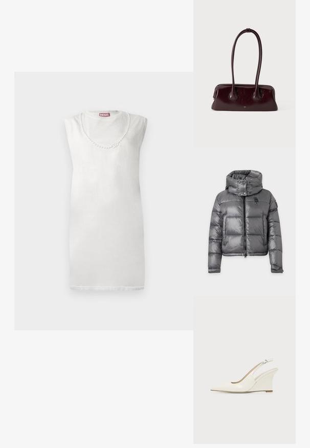 Veste matelassée grise brillante avec col montant, fermeture éclair à l'avant, boutons-pression et manches longues avec poignets ajustables.; Robe blanche sans manches en tissu doux, avec un col rond et des détails décoratifs semblables à des perles sur la poitrine.; Chaussure compensée blanche en cuir verni avec bout pointu et bride ajustable à boucle sur fond uni.; Sac à main en cuir brun foncé brillant avec de longues anses fines et une base rectangulaire structurée sur un fond clair uni.