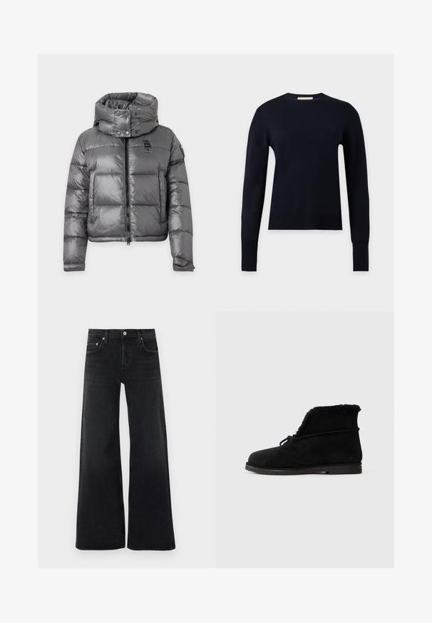 Veste matelassée grise brillante avec col montant, fermeture éclair à l'avant, boutons-pression et manches longues avec poignets ajustables.; Pull noir à manches longues col rond avec poignets et ourlet côtelés, présenté sur un fond gris clair uni.; Jean noir taille haute à jambes larges avec bouton et fermeture éclair à l'avant, passants pour ceinture, et design classique à cinq poches.; Botte de cheville en suede noir avec doublure en fourrure visible à l'ouverture et un lacet noué autour de la partie supérieure.