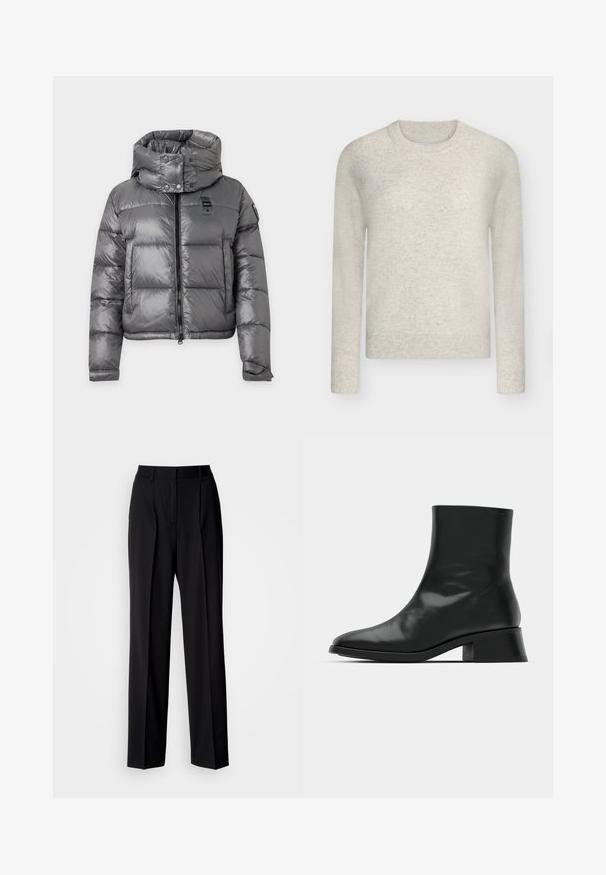 Veste matelassée grise brillante avec col montant, fermeture éclair à l'avant, boutons-pression et manches longues avec poignets ajustables.; Pull beige clair à manches longues et col rond avec poignets, ourlet et encolure côtelés, présenté sur un fond gris neutre.; Pantalon noir ajusté avec taille haute, plis et coupe à jambes larges. Confectionné en tissu lisse, avec devant plat et passants pour ceinture.; Bottine noire en cuir brillant, au design épuré, avec un bout pointu et un petit talon bloc pour plus de stabilité.