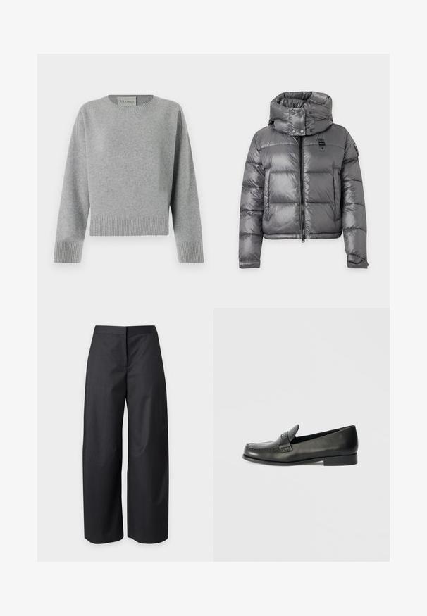 Grijze glanzende pufferjas met hoge kraag, ritssluiting aan de voorkant, drukknoopsluiting en lange mouwen met verstelbare manchetten.; CLOSED CREW NECK WIDE SLEEVE - Trui - light grey; Zwart, hoog getailleerde wijde broek met een verborgen sluiting aan de voorkant, afgebeeld op een effen lichte achtergrond.; Zwarte leren instappers met een ronde neus, verhoogde stiksel details en een lage gestapelde hak. Gladde textuur met een subtiele glans.