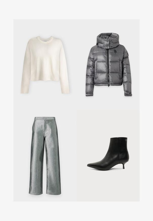 Veste matelassée grise brillante avec col montant, fermeture éclair à l'avant, boutons-pression et manches longues avec poignets ajustables.; Pull col rond à manches longues couleur blanc cassé, coupe légèrement raccourcie et poignets côtelés, présenté sur un fond clair uni.; Pantalon argenté métallique taille haute à jambes larges, avec fermeture à boutons et fermeture éclair, présenté à plat sur un fond blanc.; Bottine en cuir noir avec bout pointu et petit talon kitten sur fond clair, vue côté extérieur.