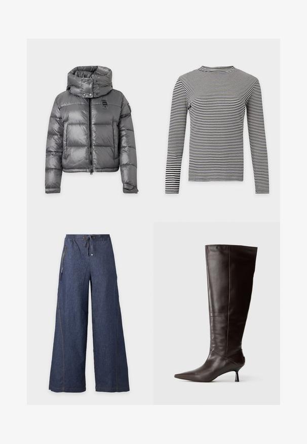 Veste matelassée grise brillante avec col montant, fermeture éclair à l'avant, boutons-pression et manches longues avec poignets ajustables.; Haut côtelé à manches longues rayé noir et blanc à rayures horizontales avec un col rond sur fond blanc uni.; Pantalon en jean bleu foncé à jambes larges avec taille à cordon et poche zippée côté droit.; Botte en cuir marron, hauteur genou, avec un bout pointu et un talon fin. Texture lisse et design élégant, arborant une silhouette minimaliste.