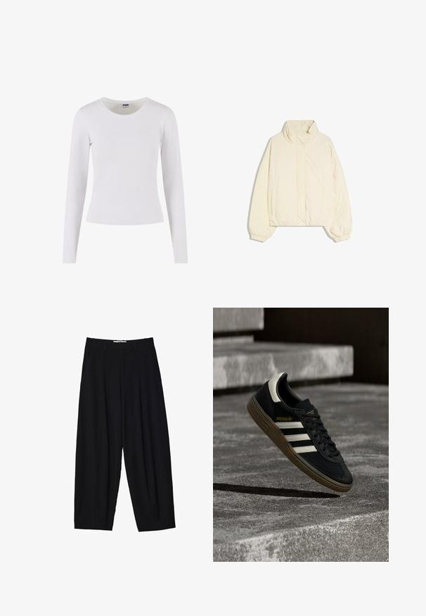 Veste matelassée couleur crème avec col montant, poignets élastiques, poches avant et fermeture à boutons-pression, posée à plat sur un fond blanc.; T-shirt blanc à manches longues en coton doux, avec un col rond et une silhouette ajustée, sans motifs ni accents.; Pantalons larges noirs en tissu léger, avec des plis avant, une taille classique et des poches latérales. Texture douce.; Baskets Adidas noires avec des bandes blanches et une semelle en gomme flottant au-dessus d'escaliers en béton gris sous une lumière naturelle.