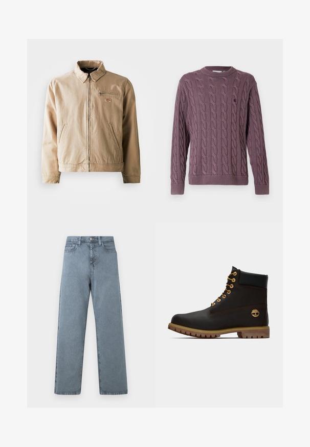 Beige canvasjakke med lynlås foran, ståkrave og to sidelommer. Inkluderer et lille logo-patch på brystet.; Striktrøje i kabelstrik i mauve, med ribstrikket rund hals og manchetter samt en lille logo på brystet som ekstra detalje.; Lysblå denim jeans med lige ben-design, fem lommer, metalknaplukning og en let falmet tekstur.; Sorte læder ankelstøvle med gyldne øjer, brune detaljer og gummisål. Har en polstret krave og præget logo på siden.